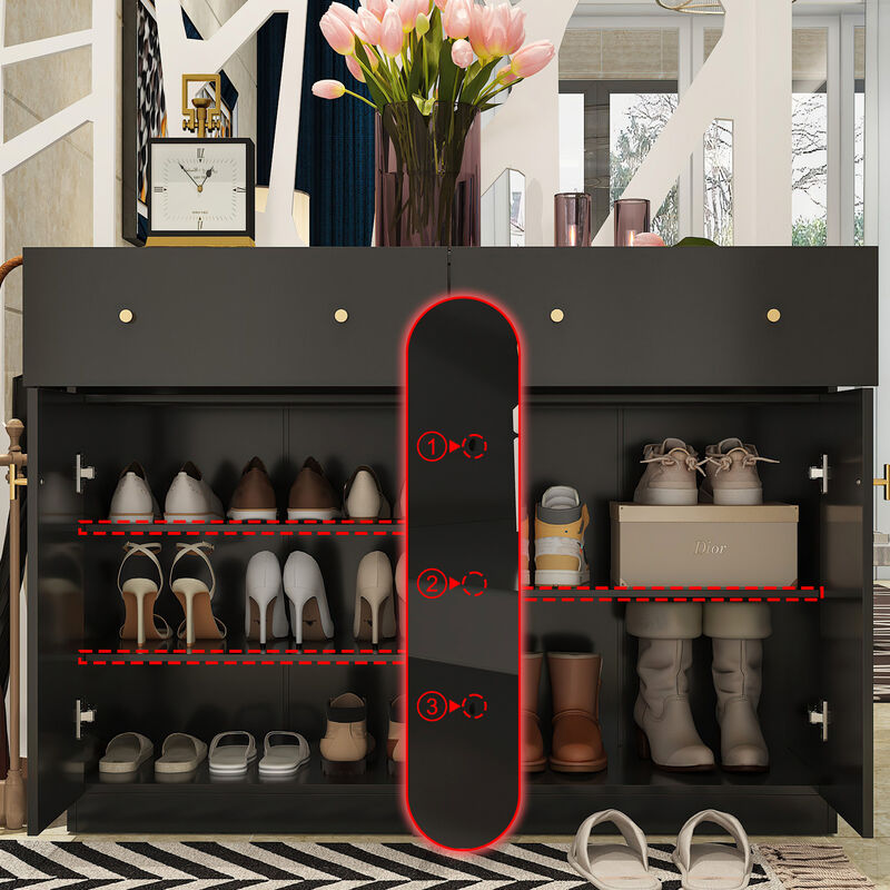 FUFU&GAGA Modern Black Shoe Storage with 2 Drawers & 4 Cabinet Doors, T-Shaped Door Design, Gold Handles, Adjustable Shelves (47.2" W x 35.4" H x 15.8" D), Black