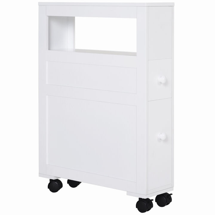 Wooden Rolling Narrow Bathroom Storage Side Cabinet w/ Slide-Out Shelf