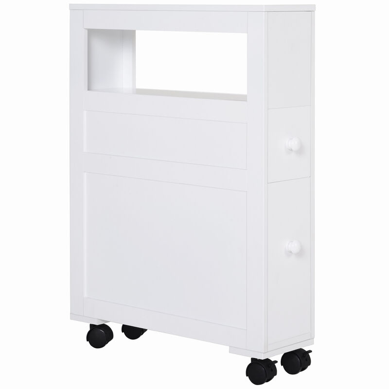 Wooden Rolling Narrow Bathroom Storage Side Cabinet w/ Slide-Out Shelf