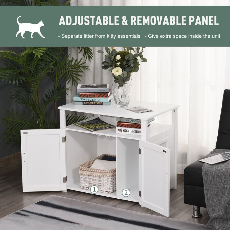 White Kitty Litter Cabinet: Wooden Nightstand with Adjustable Wall