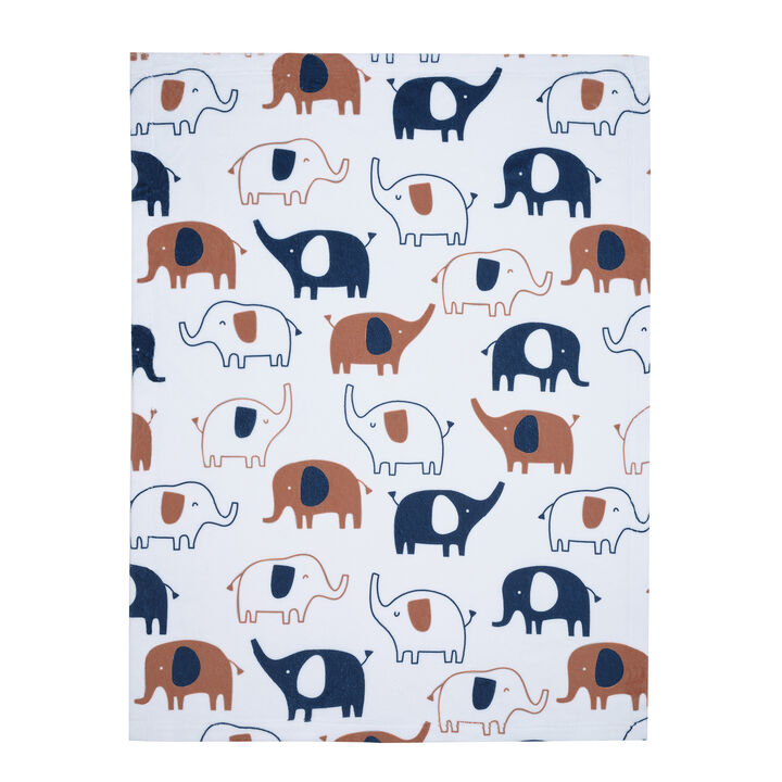 Lambs & Ivy Playful Elephant White/Blue Printed Fleece Baby Blanket