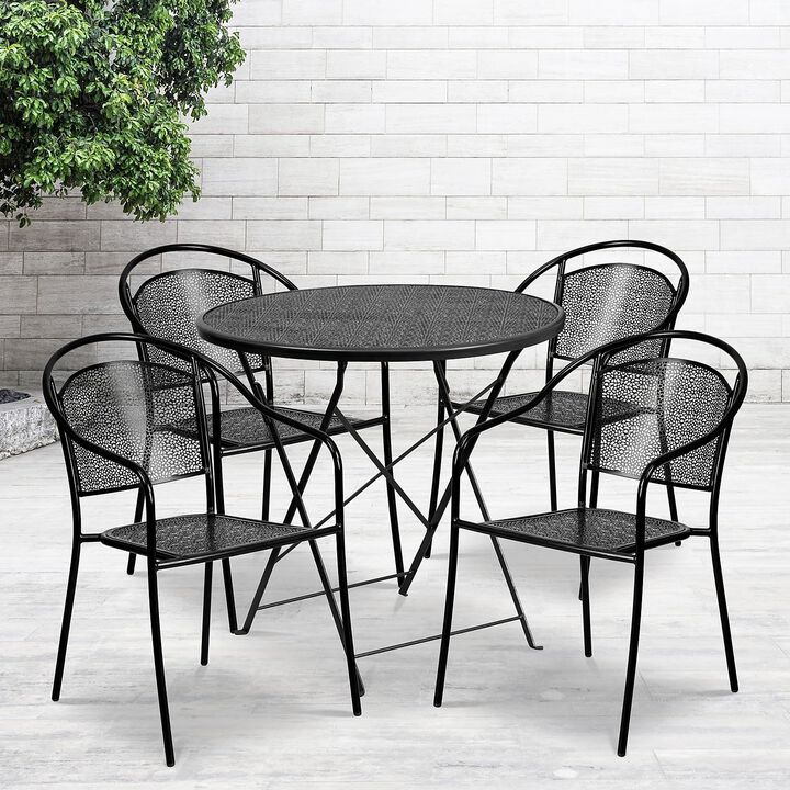 Flash Furniture Commercial Grade 30" Round Black Indoor-Outdoor Steel Folding Patio Table Set with 4 Round Back Chairs