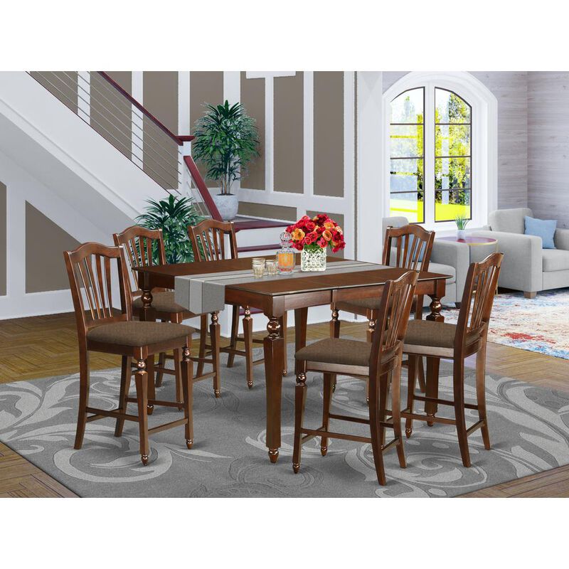 East West Furniture CHEL7-MAH-C 7 Pc pub height set- Square Counter height Table with 6 Stools