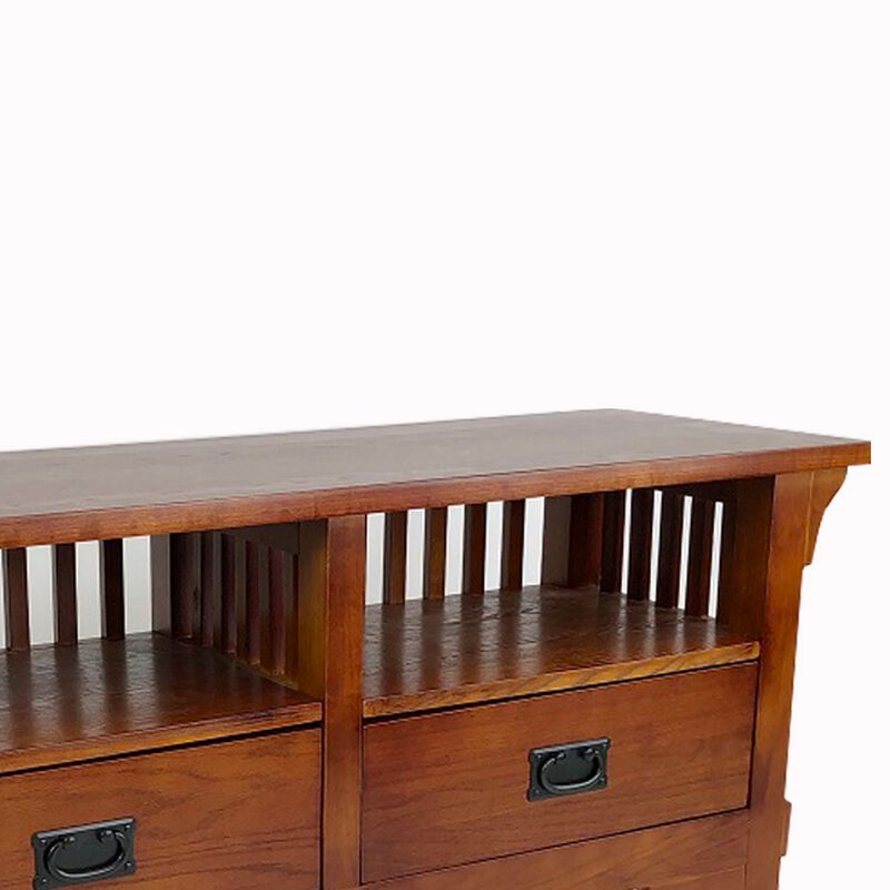 Wooden TV Stand with 2 Open Shelves and Slatted Back, Oak Brown-Benzara