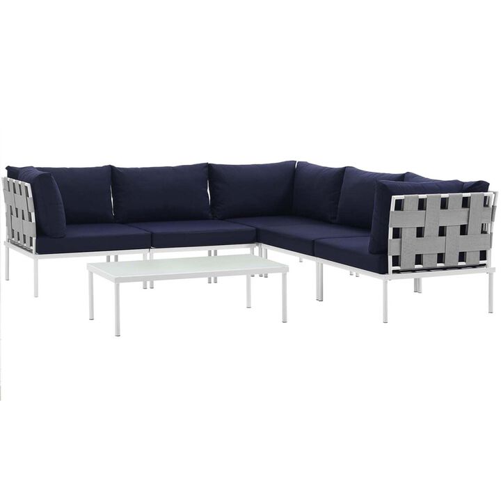 Harmony 6 Piece Outdoor Patio Aluminum Sectional Sofa Set - White Navy