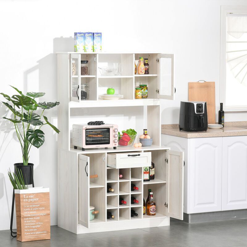 White Kitchen Storage: Buffet Hutch with Drawer, Cabinets, and Wine Rack