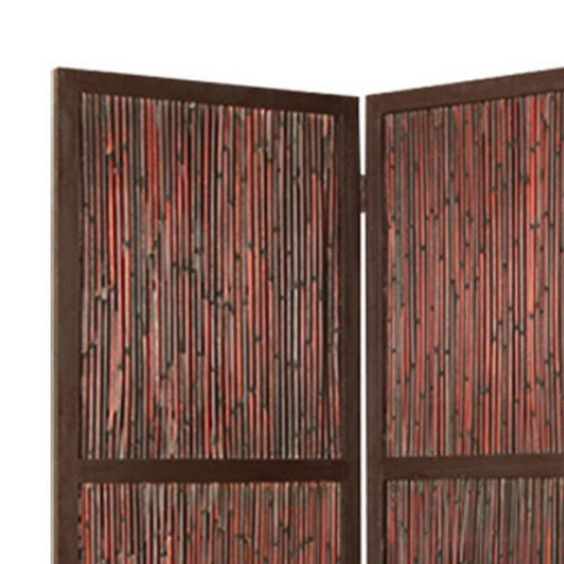 72 Inch 3 Panel Privacy Screen, Hardwood Frame, Bamboo Strips, Brown, Red-Benzara