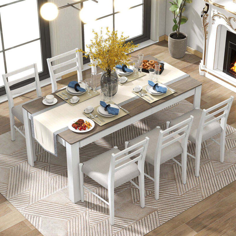7-Piece Wooden Dining Table Set Mutifunctional Extendable Table With 12" Leaf And 2 Drawers