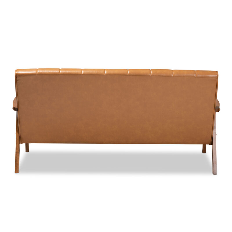 Baxton Studio Nikko Mid Century Tan Faux Leather Upholstered Wood Sofa