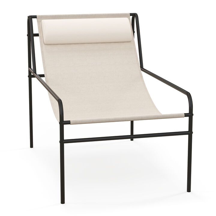 Patio Sling Lounge Chair with Removable Headrest Pillow and Metal Frame-Beige