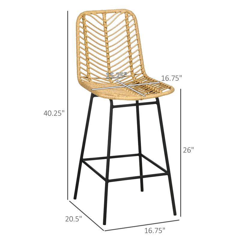 Rattan Bar Seating: Set of 2 Wicker Counter Stools with Steel Frame