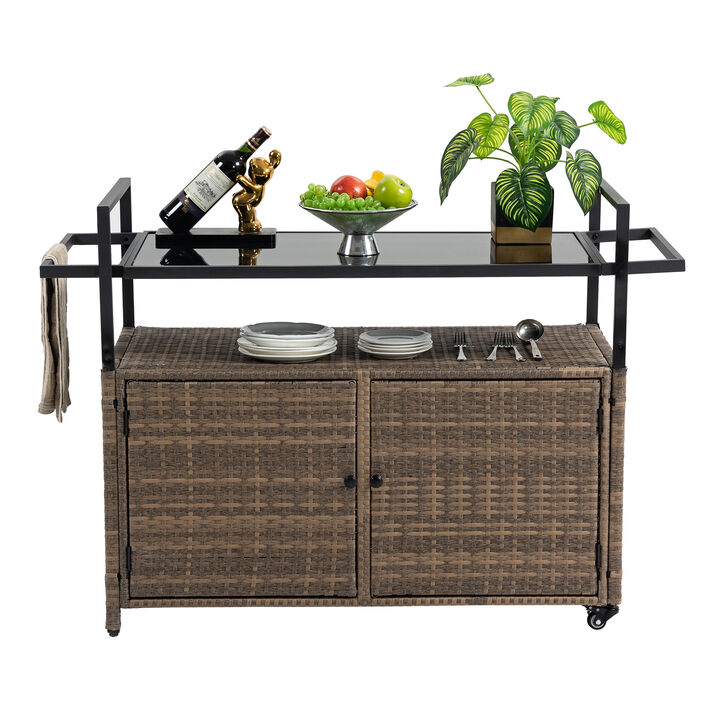 Outdoor Wicker Bar Cart with Glass Top
