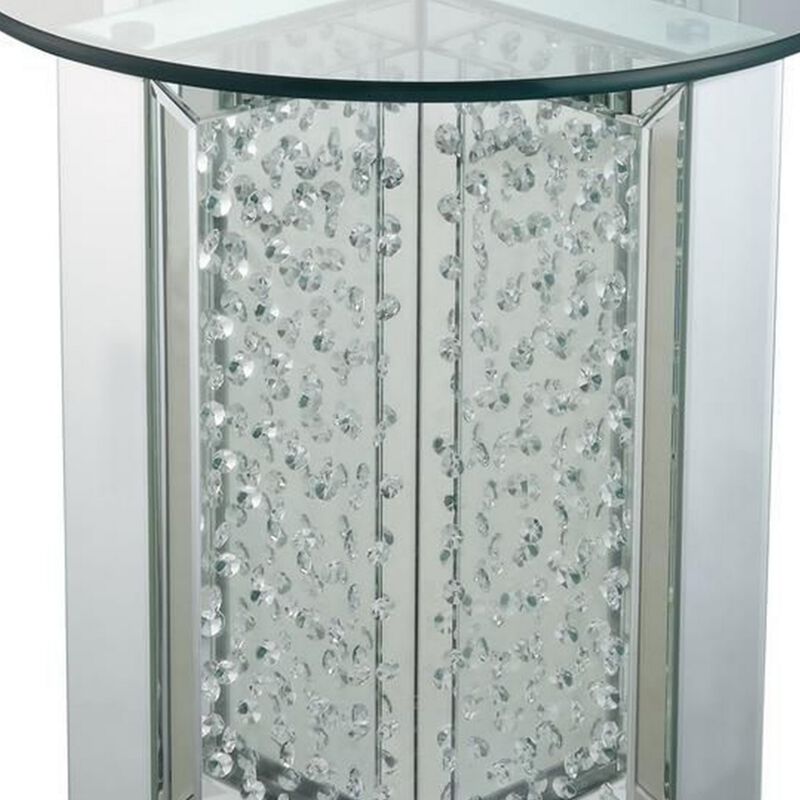 Round Mirrored Metal End Table with Glass Top and Crystal Accent Base, Silver-Benzara