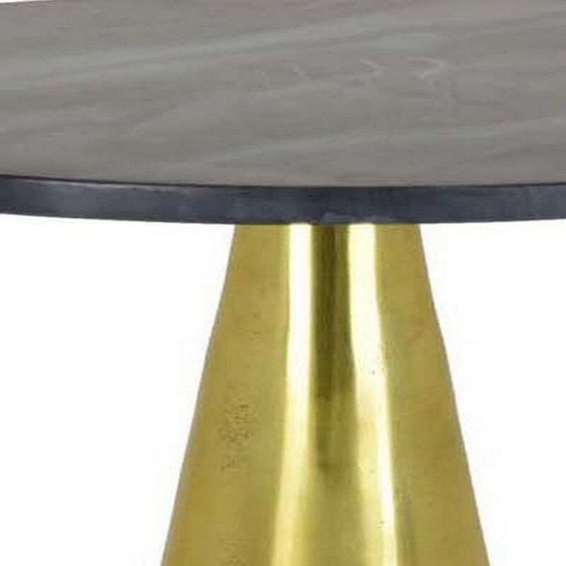 Tilu 24 Inch Plant Stand Side Table, Black Round Marble Top, Gold Metal - Benzara