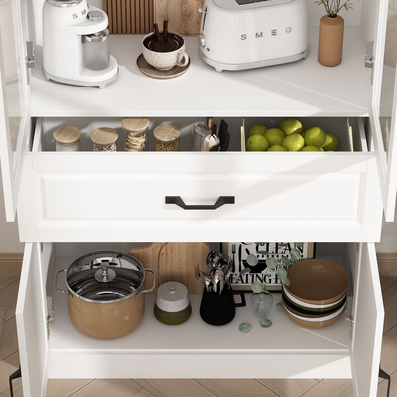 FUFU&GAGA Kitchen Storage Cabinet with Glass Doors, Adjustable Shelves, and Drawer for Organization (31.5" W x 15.7" D x 78.9" H) White
