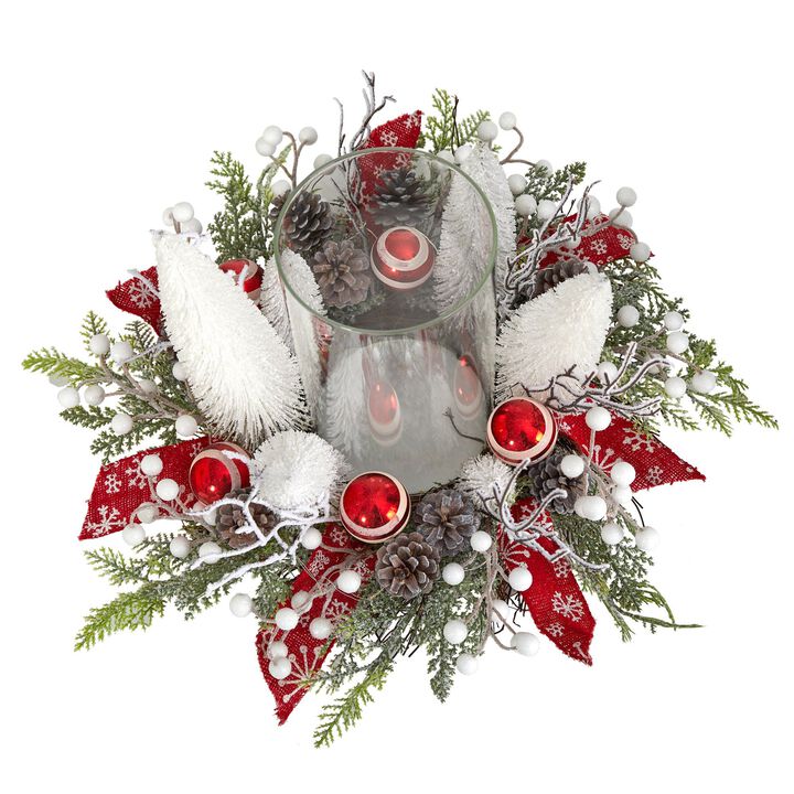 Nearly Natural 15-in Holiday Lighted Forest Candle Holder Table Christmas Artificial Arrangement