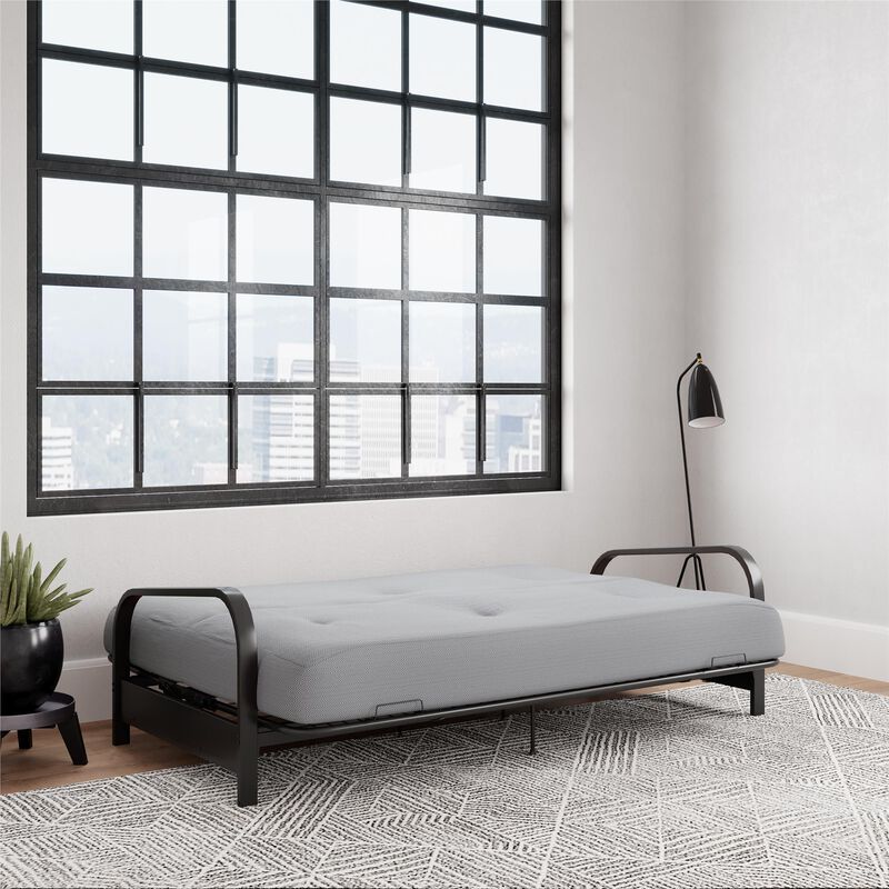 Atwater Living Max Black Metal Arm Full Size Futon Frame with 6" Thermobonded High Density Polyester Fill Herringbone Futon Mattress
