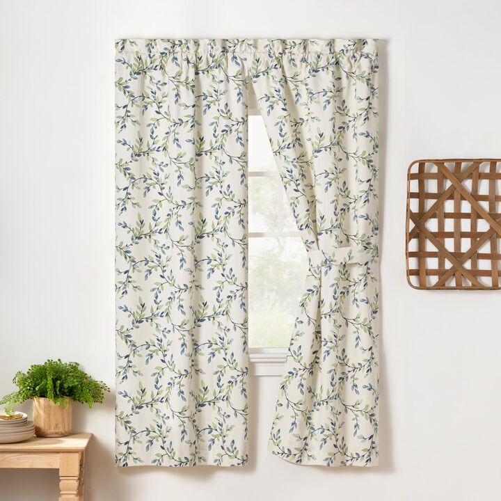 Ellis Vintage Stylish Medium Scale Printed Vine Pattern 1.5" Rod Pocket Tailored Pair for Windows with Ties 56"x63" Azure