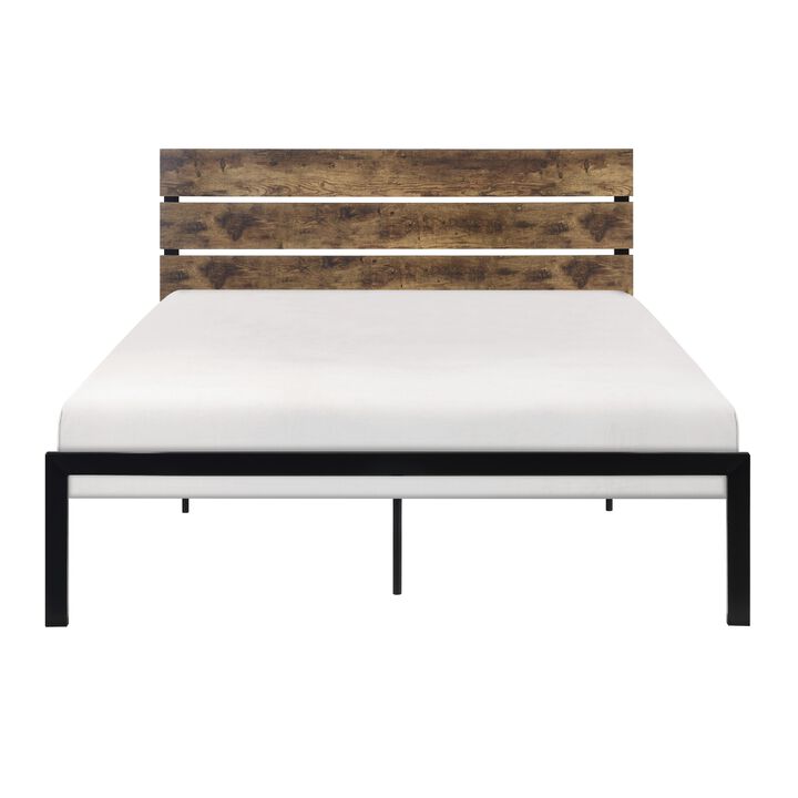 Mars Queen Platform Bed, Brown Faux Wood Slat Headboard, Black Metal Frame - Benzara