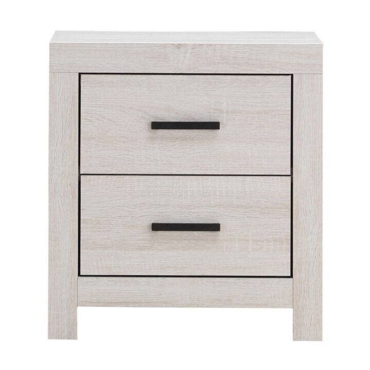Nightstand with 2 Drawers and Metal Bar Pulls, White-Benzara