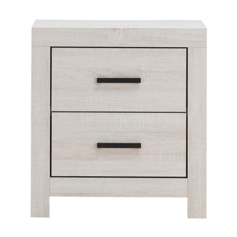 Nightstand with 2 Drawers and Metal Bar Pulls, White-Benzara