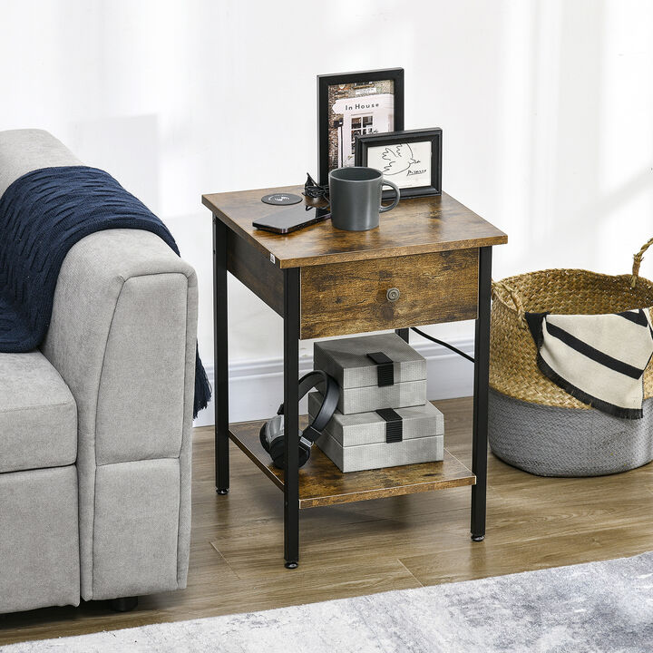 End Table with Wireless Charging Station, 2 USB Ports, Rustic Brown