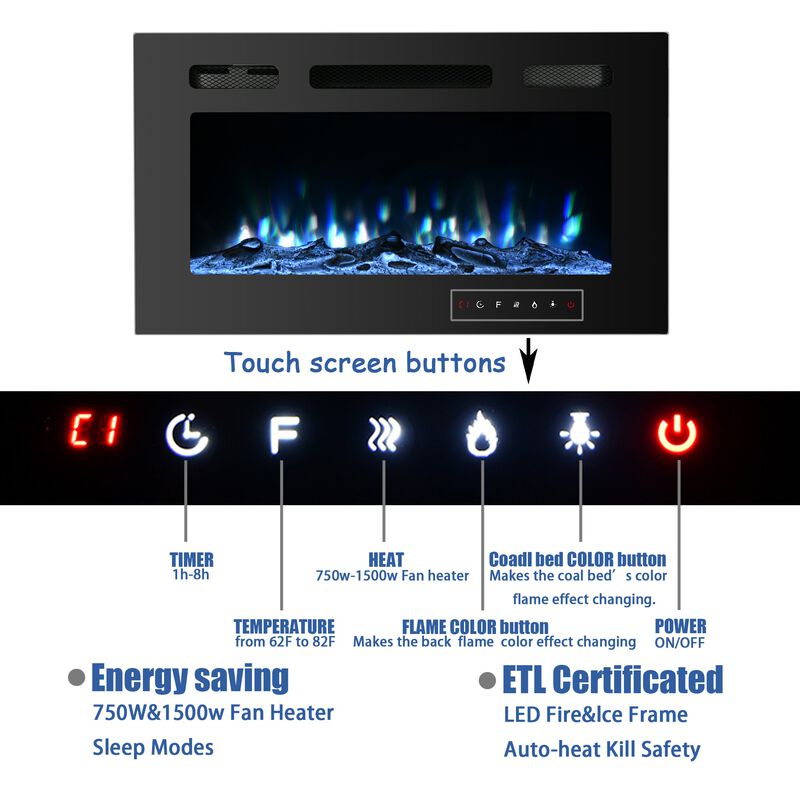 Black 60 in. Wall-Mounted Electric Fireplace with Logs & Crystals, Remote 1500/750W