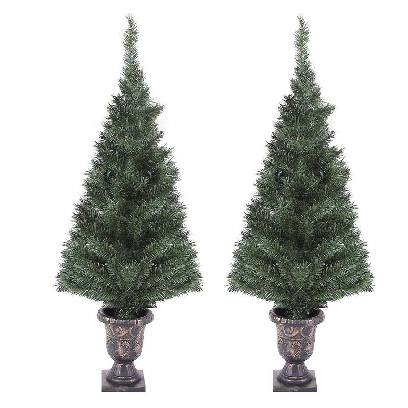 LuxenHome Set of 2 4Ft Pre-Lit LED Artificial Pine Christmas Tree with Urn Pot
