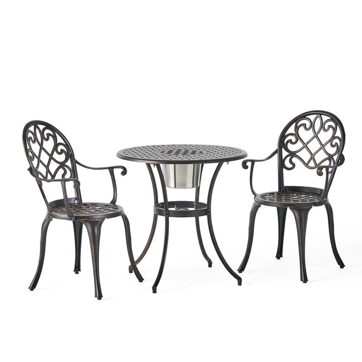 Outdoor Bistro Table Set with 2 Chairs and an Ice Bucket, Coppertone - Benzara