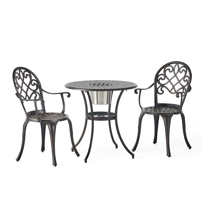 Outdoor Bistro Table Set with 2 Chairs and an Ice Bucket, Coppertone - Benzara
