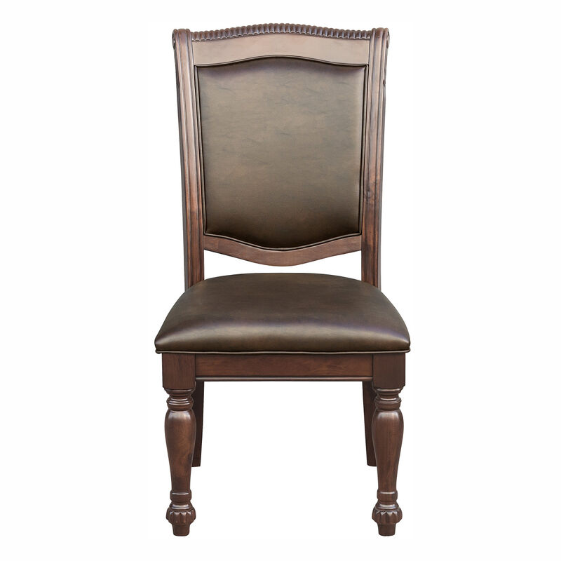 Wooden side chairs set, brown cherry finish, faux leather upholstery