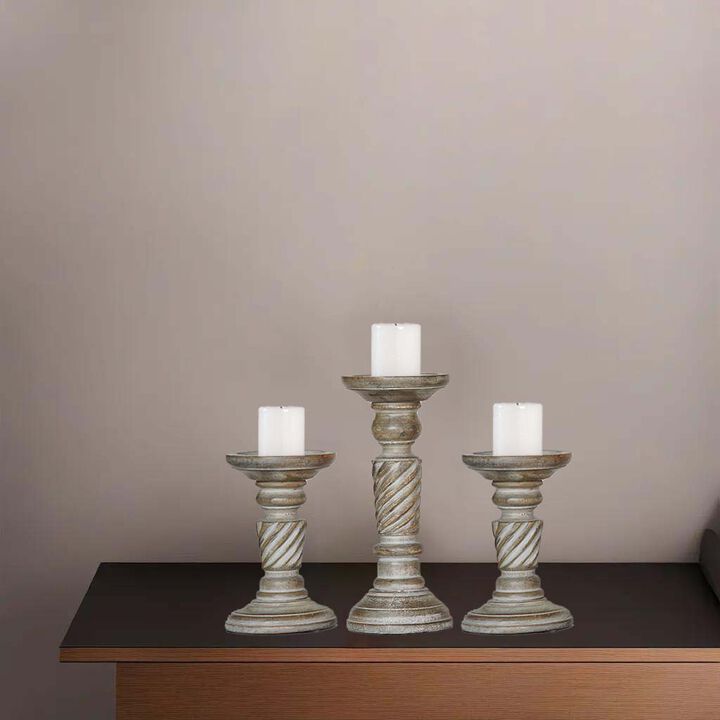 BBH Homes Traditional Gray Wash Eco-friendly Handmade Mango Wood Set Of Three 6",9" & 6" Pillar Candle Holder BBH Homes