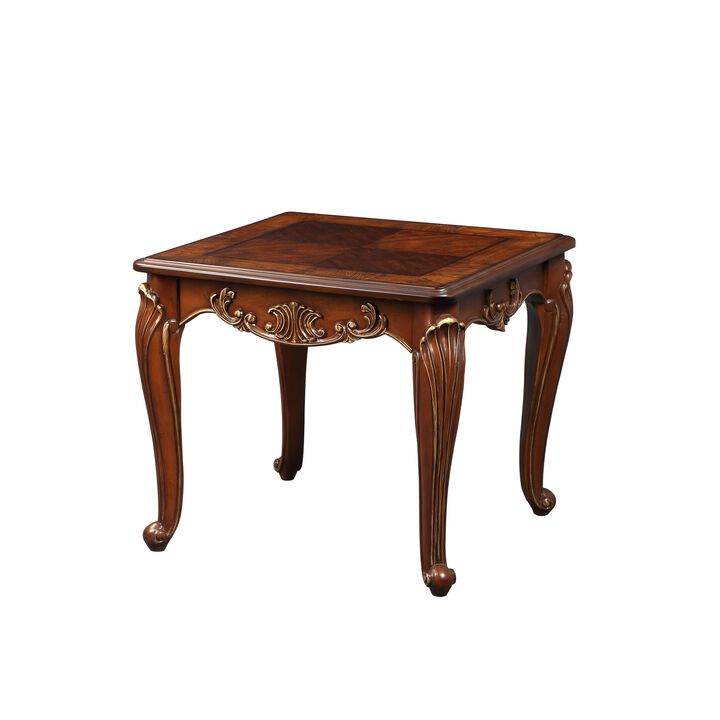 Lisa 28 Inch Side End Table, Ornate Curved Apron, Cabriole Legs, Brown - Benzara