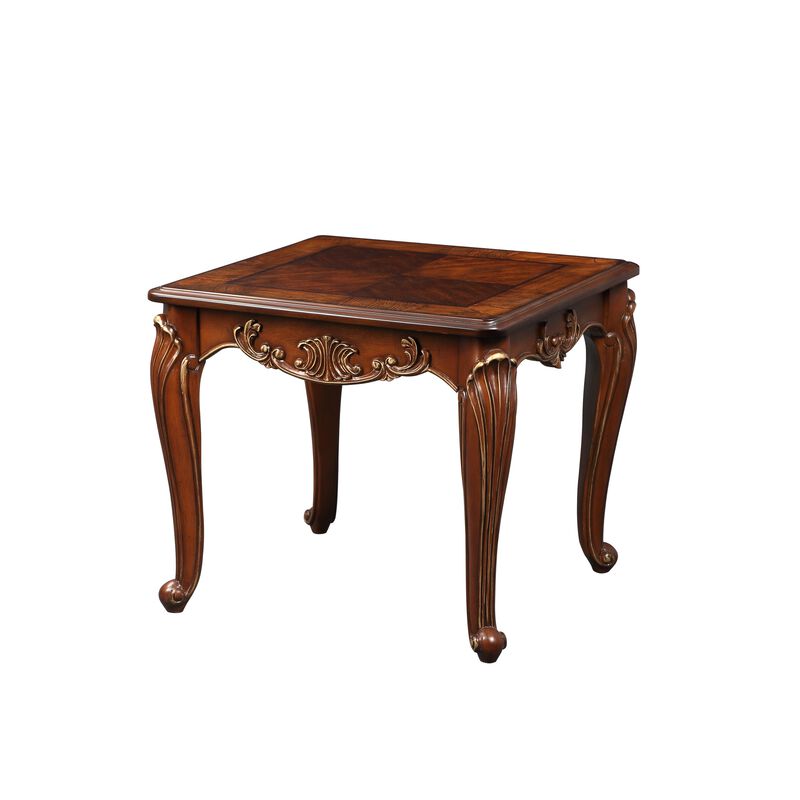 Lisa 28 Inch Side End Table, Ornate Curved Apron, Cabriole Legs, Brown - Benzara