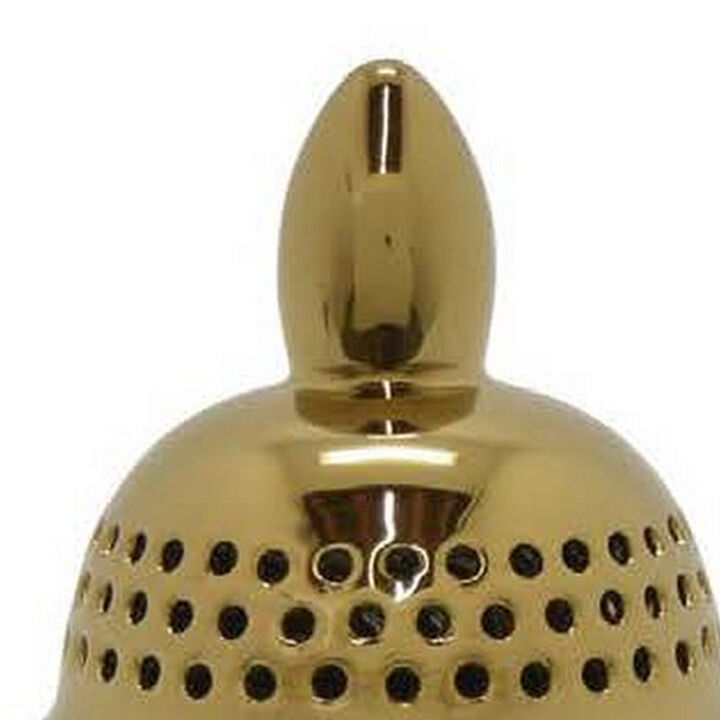 Deni 19 Inch Temple Jar, Small Carved Cut Out Lattice, Lid, Gold Ceramic - Benzara