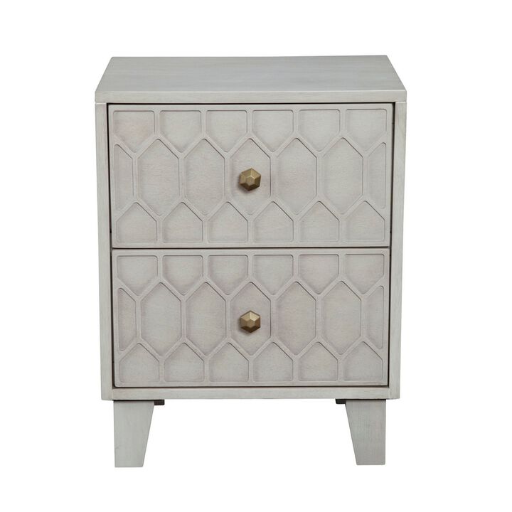 Rue 26 Inch 2 Drawer Nightstand, Textured Honeycomb Design, Light Gray-Benzara