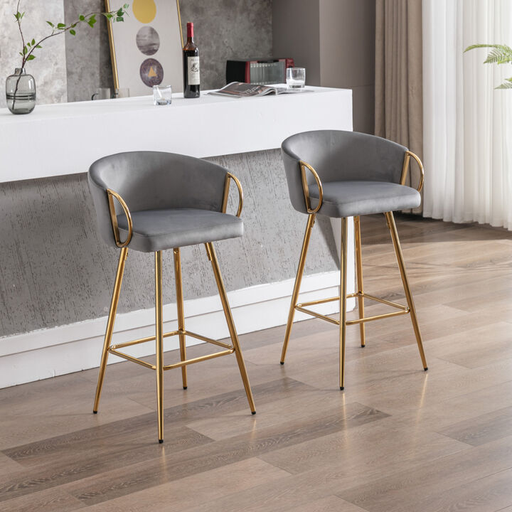 26 Inch Set Of 2 Bar Stools, With Chrome Footrest And Base Velvet + Leg Simple Barstool