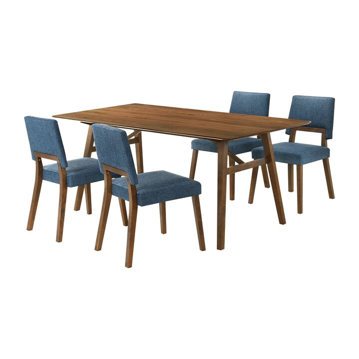 Yumi 5 Piece Dining Table Set with 4 Chairs in Soft Blue Fabric, Wood Brown - Benzara