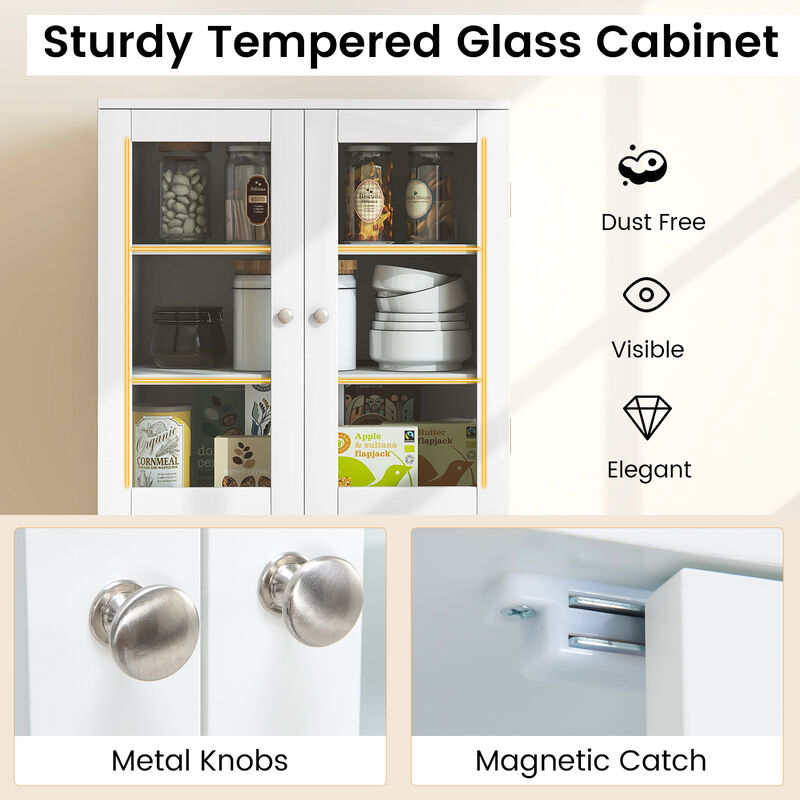 Tall Kitchen Pantry Cabinet with Dual Tempered Glass Doors and Shelves
