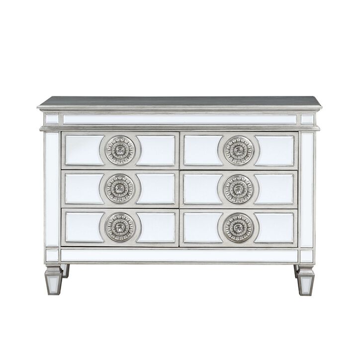 Server with 6 Mirrored Drawers and Medallion Front, Silver-Benzara