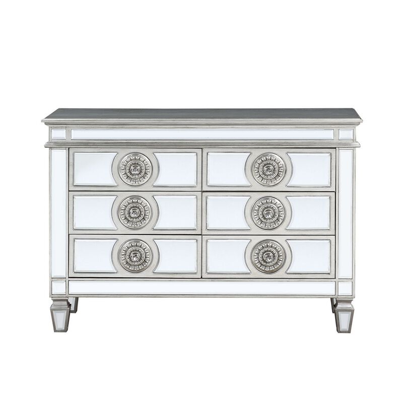 Server with 6 Mirrored Drawers and Medallion Front, Silver-Benzara