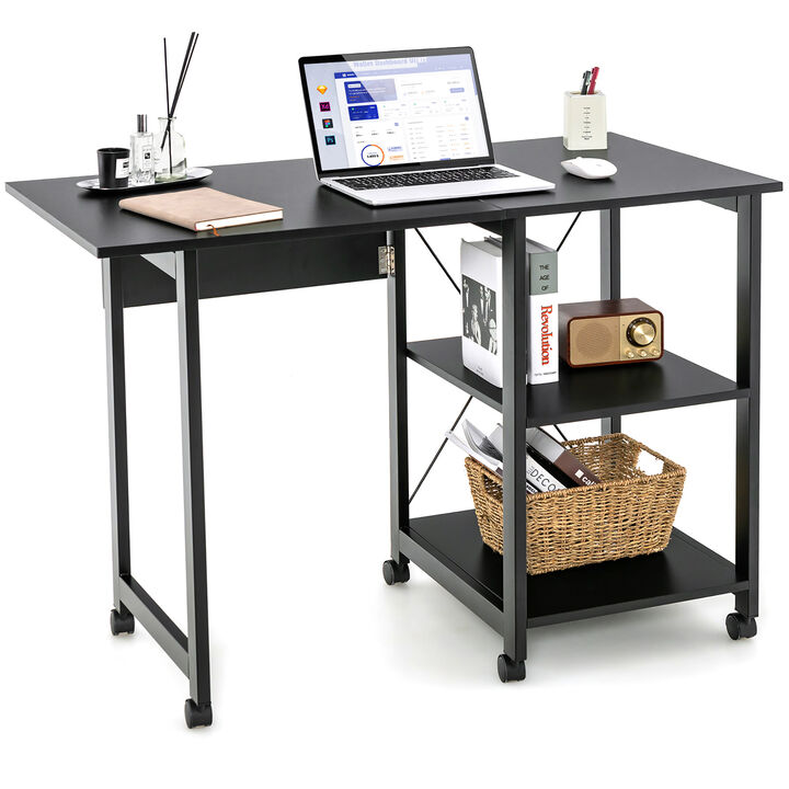 Costway Rolling Computer Desk Folding Writing Office Desk Storage Shelves Black