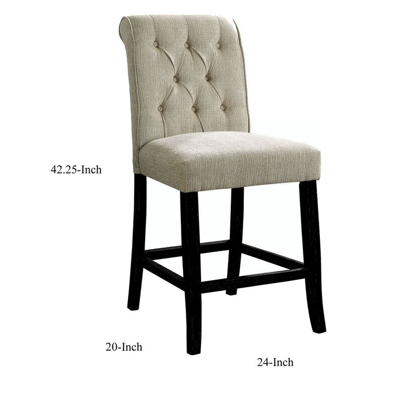 Wooden Fabric Upholstered Counter Height Chair, Ivory And Black, Pack Of Two-Benzara