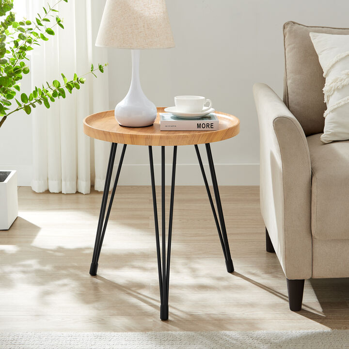 Tadao Raised Lip Edge Side Table with Modern Black Metal Hairpin Legs - Round