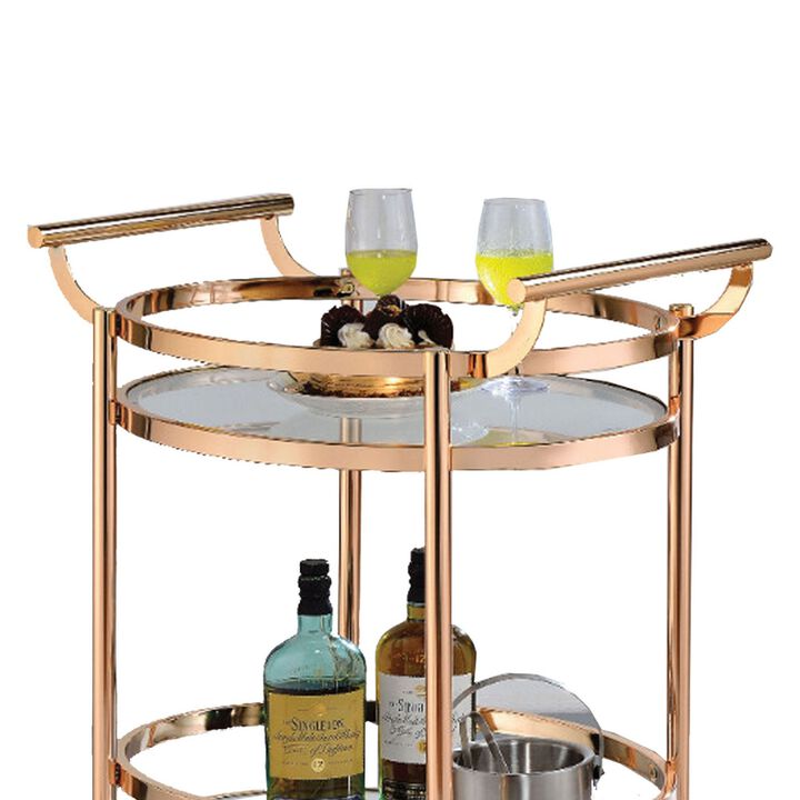 Oval Metal Serving Cart, Clear Glass & Copper-Benzara