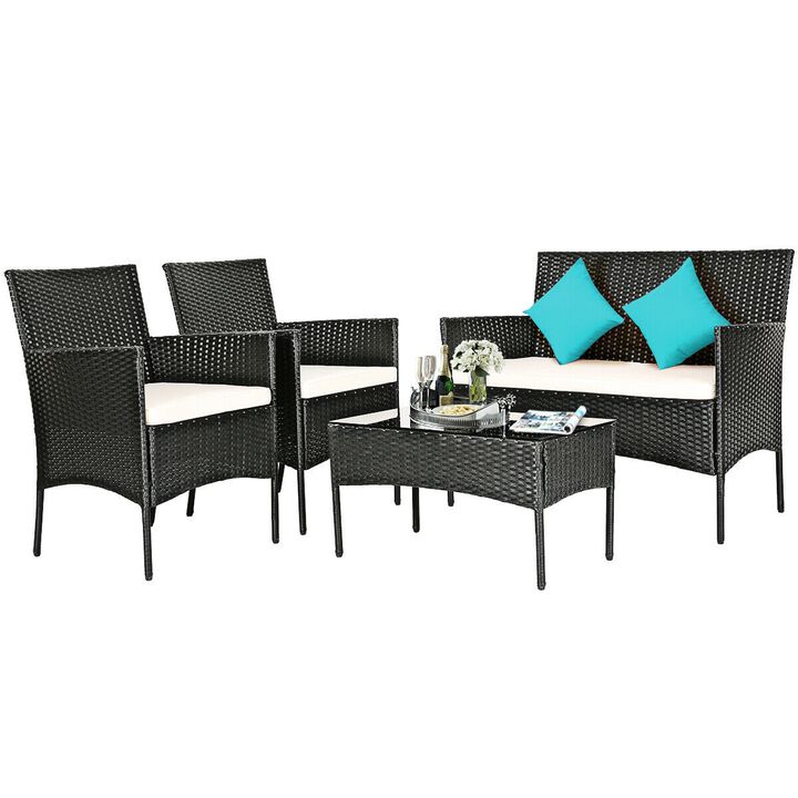 4 Pieces Patio Rattan Cushioned Conversation Sets with Tempered Glass Coffee Table