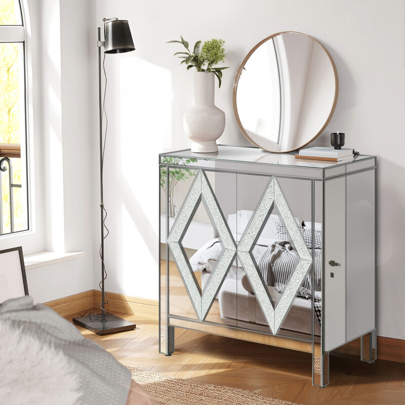 Mirror-trimmed diamond design storage cabinet for any room