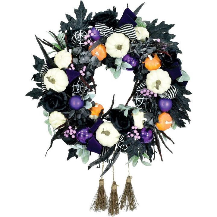 Haunted Hill Farm HHF 24 Wreath, Pumpkins, Ornaments, Roses with Hanging Brooms