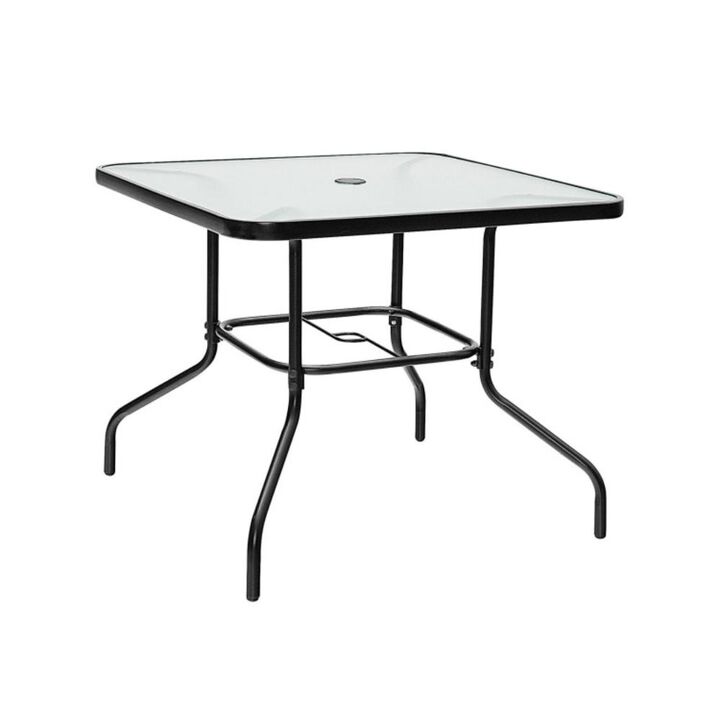 Hivvago 35 Inch Patio Dining Square Tempered Glass Table with Umbrella Hole