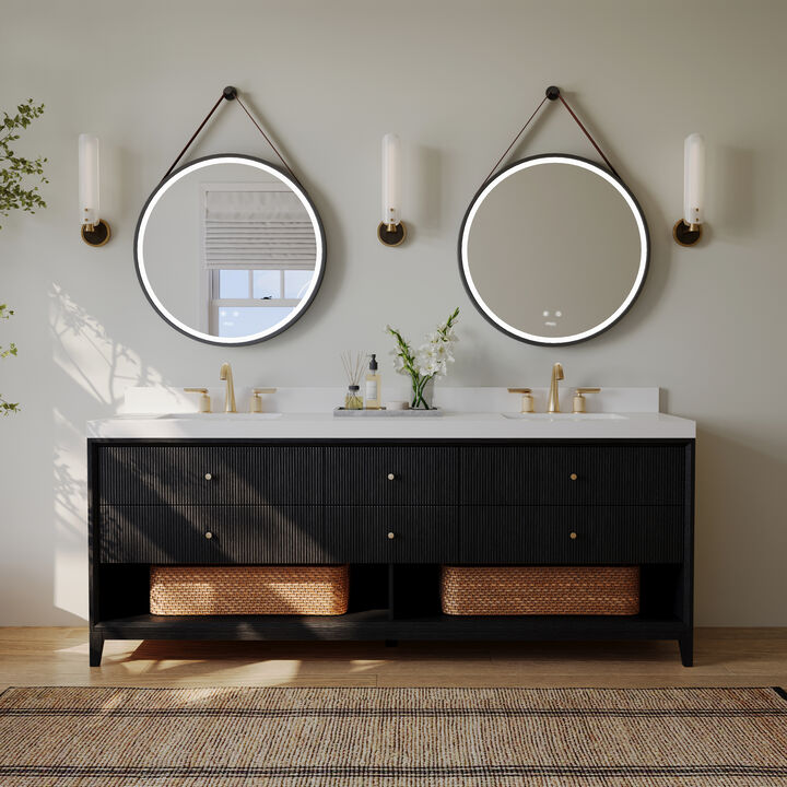 Momo 84 in. Dark Oak Bath Vanity Set with White Quartz Vanity Top and White Undermount Basin